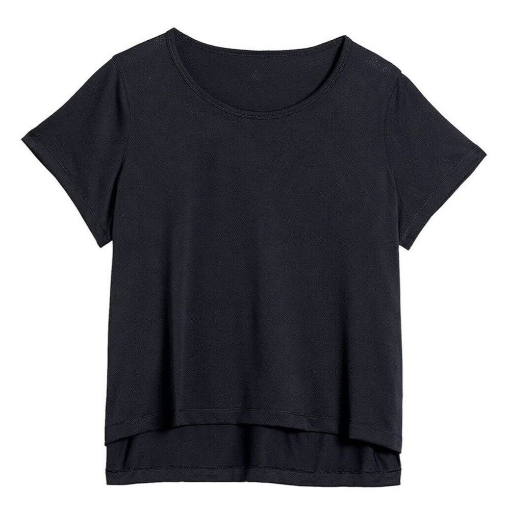 New Women Black Basic T Shirt Size 1X Short Sleeves Jacquard Mesh